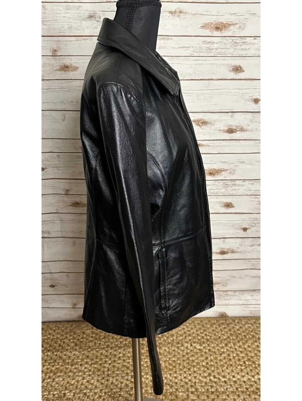Black 100% leather full zip long sleeve jacket Small minimalist quiet luxury